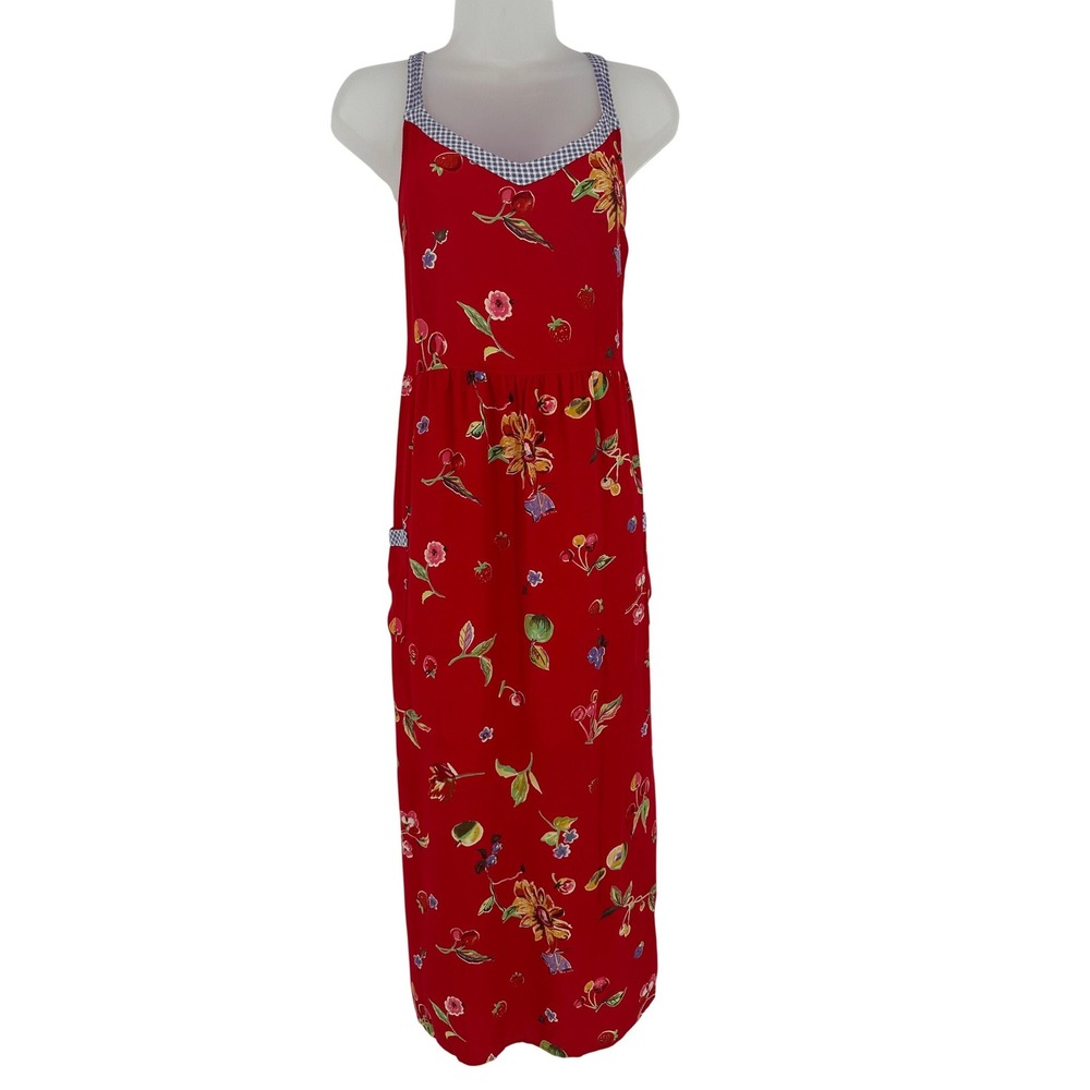 Carol Anderson Petites VTG Red Fruit Floral Gingham Trim Maxi Dress Pockets boho